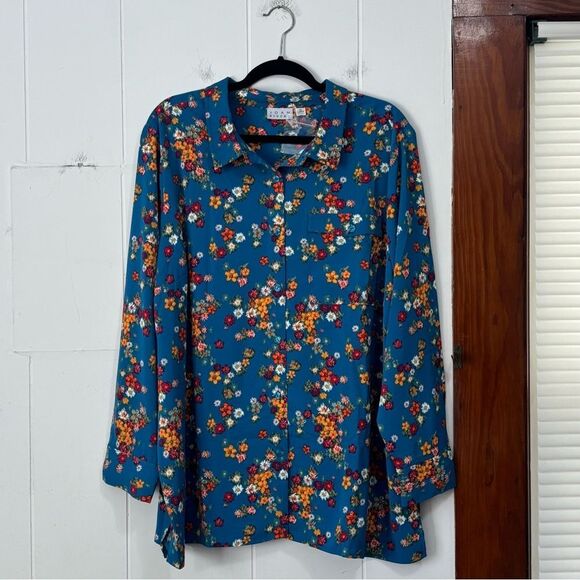 Joan Rivers Turquoise Blue Floral Button Down Blouse Size 2X - Picture 1 of 4
